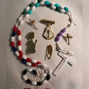 Colorful Beaded Rosary with Gold Pins of Christian Religious Faith LOT of 6